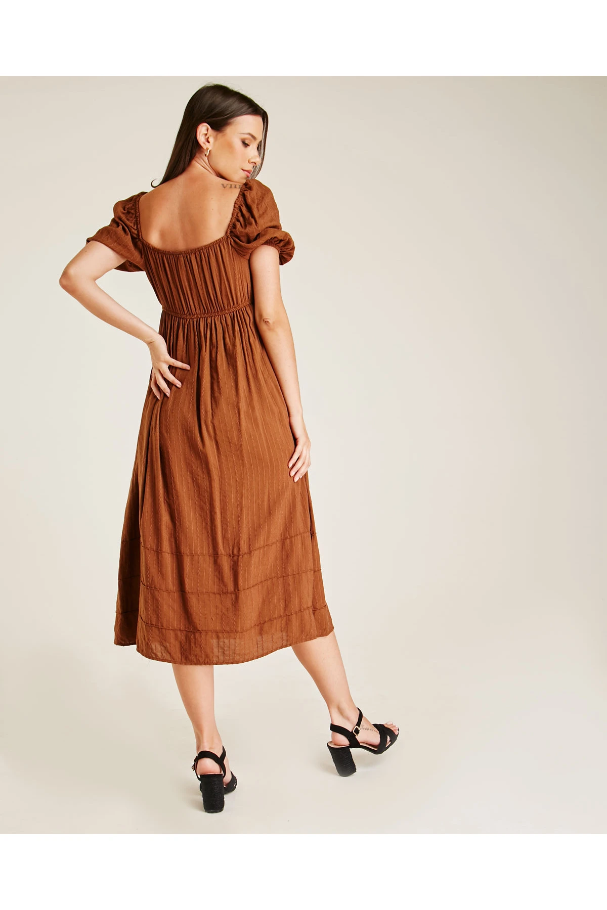 Dusty Pink Stitched Square Neck Midi Dress | Brown 3 Dusty Pink Stitched Square Neck Midi Dress | Brown - Image 3