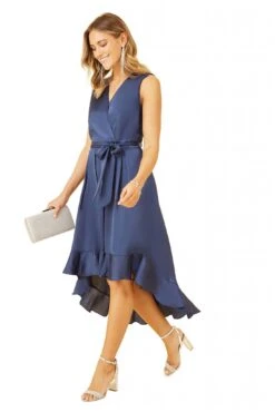 Mela London Navy Satin Dipped Hem Wrap Over Midi Dress -Yumi Clothing Shop BMqnJdum 14769