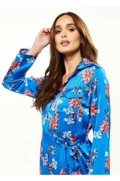 Liquorish Floral Print Shirt Dress In Bright Blue -Yumi Clothing Shop Ba4ytYGh 8272