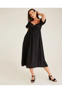 Dusty Pink Stitched Square Neck Midi Dress | Black