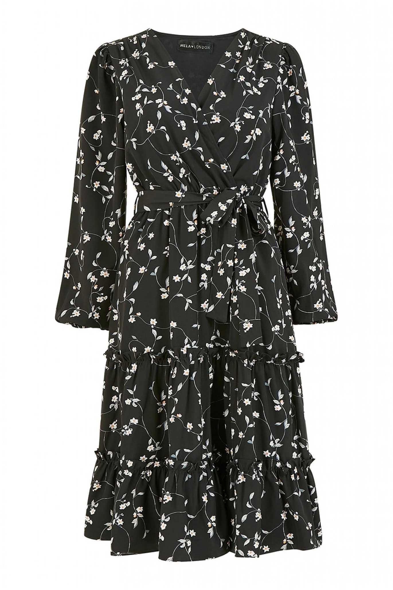 Mela London Black Floral Wrap Dress With Frill Hem 4 Mela London Black Floral Wrap Dress With Frill Hem - Image 4