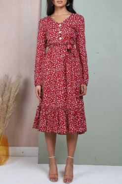 Lilura London Button Front Belted Midi Dress In Red Floral -Yumi Clothing Shop C8u1o9gA 10581