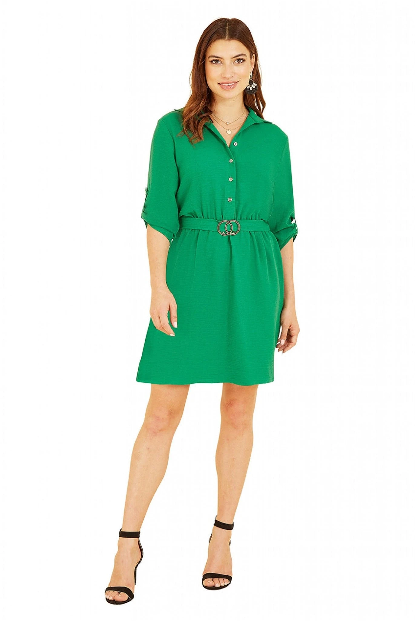 Mela London Green Belted Shirt Dress With Gold Buckle 1 Mela London Green Belted Shirt Dress With Gold Buckle