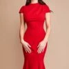 Goddiva Pleated Shoulder High Neck Midi Dress - Red