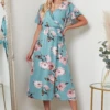 Lilura London Angel Sleeves Midi Wrap Dress In Green Floral