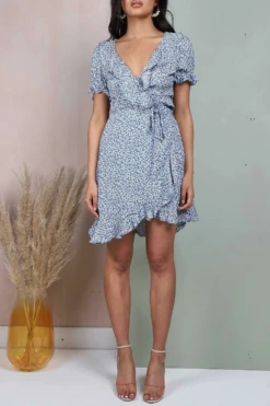 Lilura London Blue Floral Frill Wrap Mini Dress -Yumi Clothing Shop Ct2gUoN2 10589