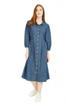 Yumi Chambray Shirt Dress With Puff Sleeves