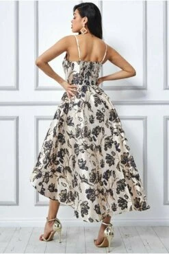 Goddiva Jacquard High Low Midi Dress - Champagne -Yumi Clothing Shop CzXGQ3L1 9178