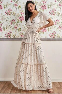 Goddiva Polka Dot Tiered Chiffon Maxi Dress - Beige