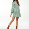 Liquorish Floral Print Smock Mini Dress Peter Pan Green