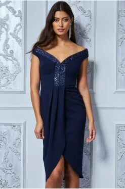Goddiva Off The Shoulder Scuba Wrap Over Midi Dress - Navy -Yumi Clothing Shop DDgermHp 5736