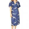 Yumi Navy Crane Print Kimono Midi Dress