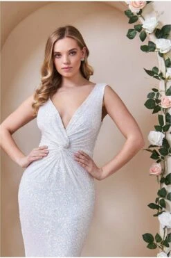 Goddiva Twisted Front Sequin Wedding Dress - White -Yumi Clothing Shop DR2723 white dt l