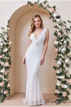 Goddiva Twisted Front Sequin Wedding Dress - White -Yumi Clothing Shop DR2723 white front l