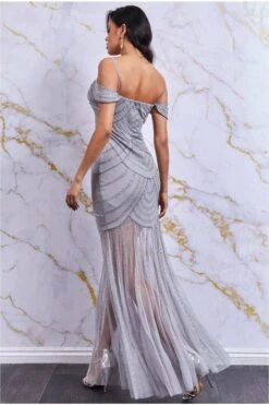 Danaya Off The Shoulder Maxi Dress With Mesh Skirt - Silver 6 Danaya Off The Shoulder Maxi Dress With Mesh Skirt - Silver -Yumi Clothing Shop DR2815 silver back l