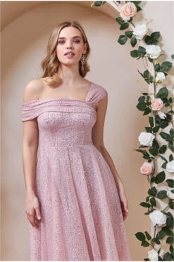 Goddiva One Shoulder Bardot Sequin & Mesh Midi Dress - Blush -Yumi Clothing Shop DR2822 blush dt l dc218fee 46f0 4020 b651 3ac73e625be2