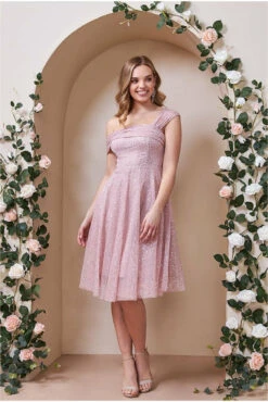 Goddiva One Shoulder Bardot Sequin & Mesh Midi Dress - Blush -Yumi Clothing Shop DR2822 blush front l 81051298 5d0c 4154 850a 6e874be77d06