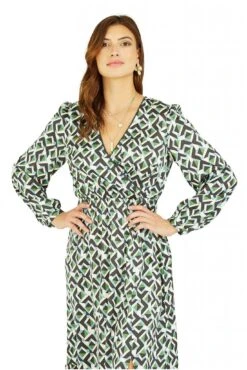 Yumi Green Geo Print Wrap Satin Midi Dress -Yumi Clothing Shop DYF2jBas 13357