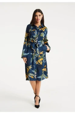 Liquorish Floral Print Shirt Dress In Teal
