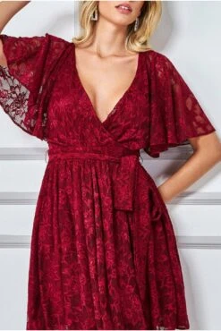 Goddiva Lace Kimono Wrap Skater Mini Dress - Berry -Yumi Clothing Shop DxLegvQp 10498