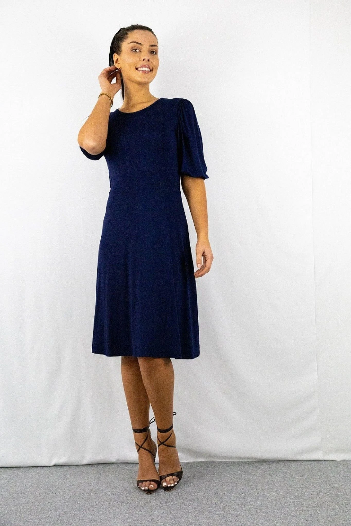 Signage Navy Round Neck Puff Sleeve Midi Dress 6 Signage Navy Round Neck Puff Sleeve Midi Dress - Image 6