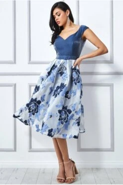 Goddiva Jacquard Off The Shoulder Midi Dress - Blue -Yumi Clothing Shop E4Qm5tHi 9176