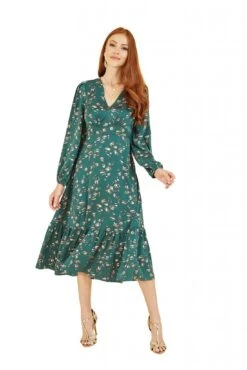 Yumi Green Pebble Print Long Sleeve Midi Dress -Yumi Clothing Shop EO3gUHvr 13360