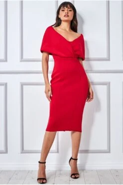 Goddiva Off The Shoulder Scuba Foam Midi Dress - Red -Yumi Clothing Shop EZm7QQTt 13664
