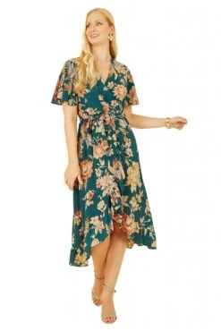 Mela London Teal Winter Floral Wrap Midi Dress -Yumi Clothing Shop EjMPhLpB 13512