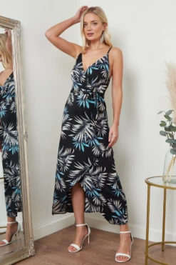 Lilura London Cami Wrap Midi Dress In Black Palm Print -Yumi Clothing Shop Er9Qbip3 15694