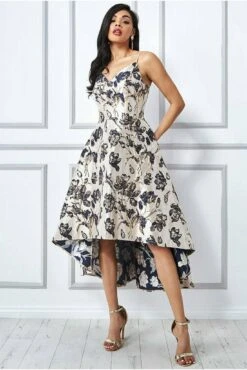 Goddiva Jacquard High Low Midi Dress - Champagne -Yumi Clothing Shop F1xyPDIl 9178