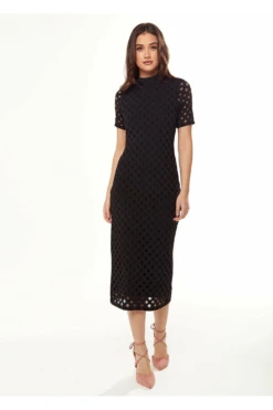 Liquorish Midi Dress High Neck Open Back Detail Black