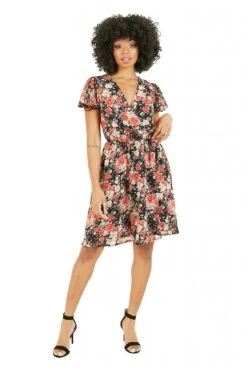 Mela London Red Floral Wrap Over Dress