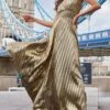 Goddiva Foil Pleated Flare Maxi Dress - Gold