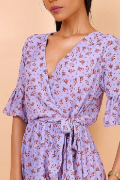 Lilura London Wrap Front Mini Dress With Tie Waist Purple -Yumi Clothing Shop G8DbXh6m 10602
