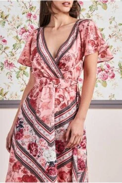 Goddiva Flutter Sleeve Wrap Style Midi Dress - Peach -Yumi Clothing Shop GBFca6wj 7743