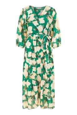 Yumi Green Blossom Wrap Midi Dress With 3/4 Sleeves -Yumi Clothing Shop GBb0HpvN 14853