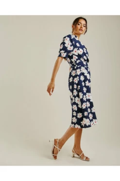 Dusty Pink Daisy Printed Wrapped Hem Dress | Dark Blue -Yumi Clothing Shop GMq8ykcp 11578