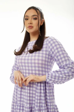 Liquorish Long Sleeves Gingham Midi Dress - Lilac White -Yumi Clothing Shop GkcKxfCz 9798
