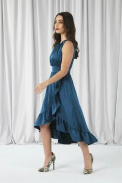 Double Second Teal Sleeveless Satin Frill Hem Wrap Dress -Yumi Clothing Shop H6dYeAum 11932