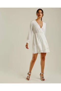 Dusty Pink Wrapped Front Layered White Dress