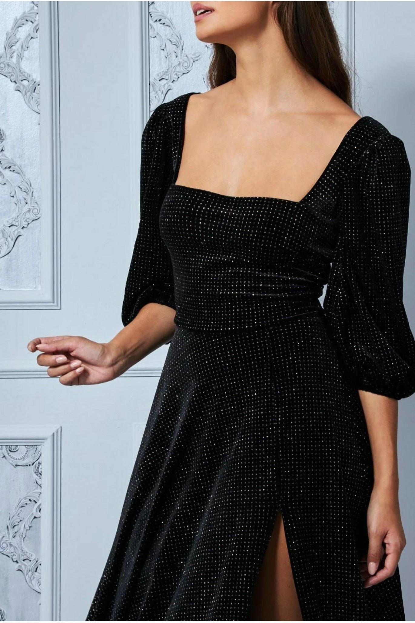 Goddiva Velvet Sparkle Midi Dress With Front Split - Black 4 Goddiva Velvet Sparkle Midi Dress With Front Split - Black - Image 4