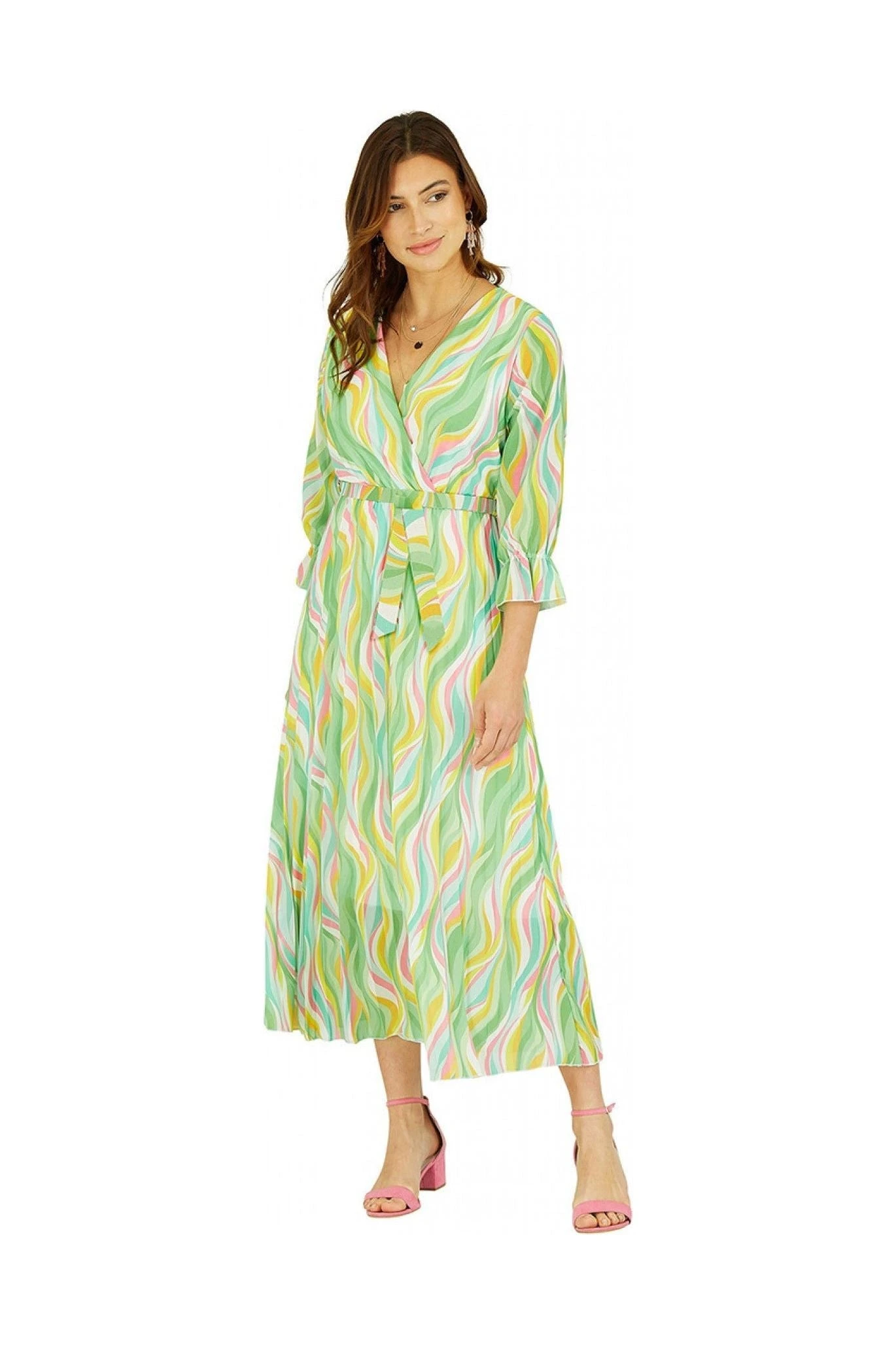 Yumi Green Swirl Print Pleated Dress With Belt 4 Yumi Green Swirl Print Pleated Dress With Belt - Image 4