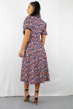 Signage Blue Floral Print Round Neck Puff Sleeve Midi Dress -Yumi Clothing Shop HUqpkRDI 15266