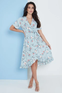 Lilura London Floral Frill Midi Wrap Dress In Blue -Yumi Clothing Shop HVymCDJa 15707
