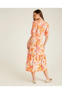 Dusty Pink Floral Midi Buttoned Up Neck Dress | Pink -Yumi Clothing Shop HxXPymj6 12194