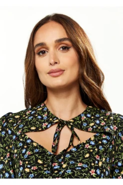 Liquorish Black Floral Print Midi Dress With Lurex And Neck -Yumi Clothing Shop I40SRxbQ 14022