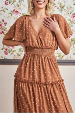 Goddiva Polka Dot Tiered Chiffon Maxi Dress - Brown -Yumi Clothing Shop I40rnIxu 9172
