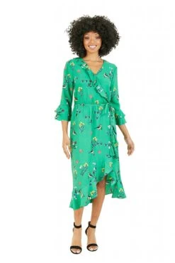 Yumi Green Bird Print Wrap Dress