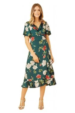 Yumi Green Satin Rose Print Wrap Dress